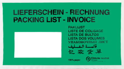 Begleitpapiertaschen / Dokumententaschen aus Papier, grün mit Adressfenster, Druck LIEFERSCHEIN / RECHNUNG C6 © NEUHAUS-PAPIER DORTMUND